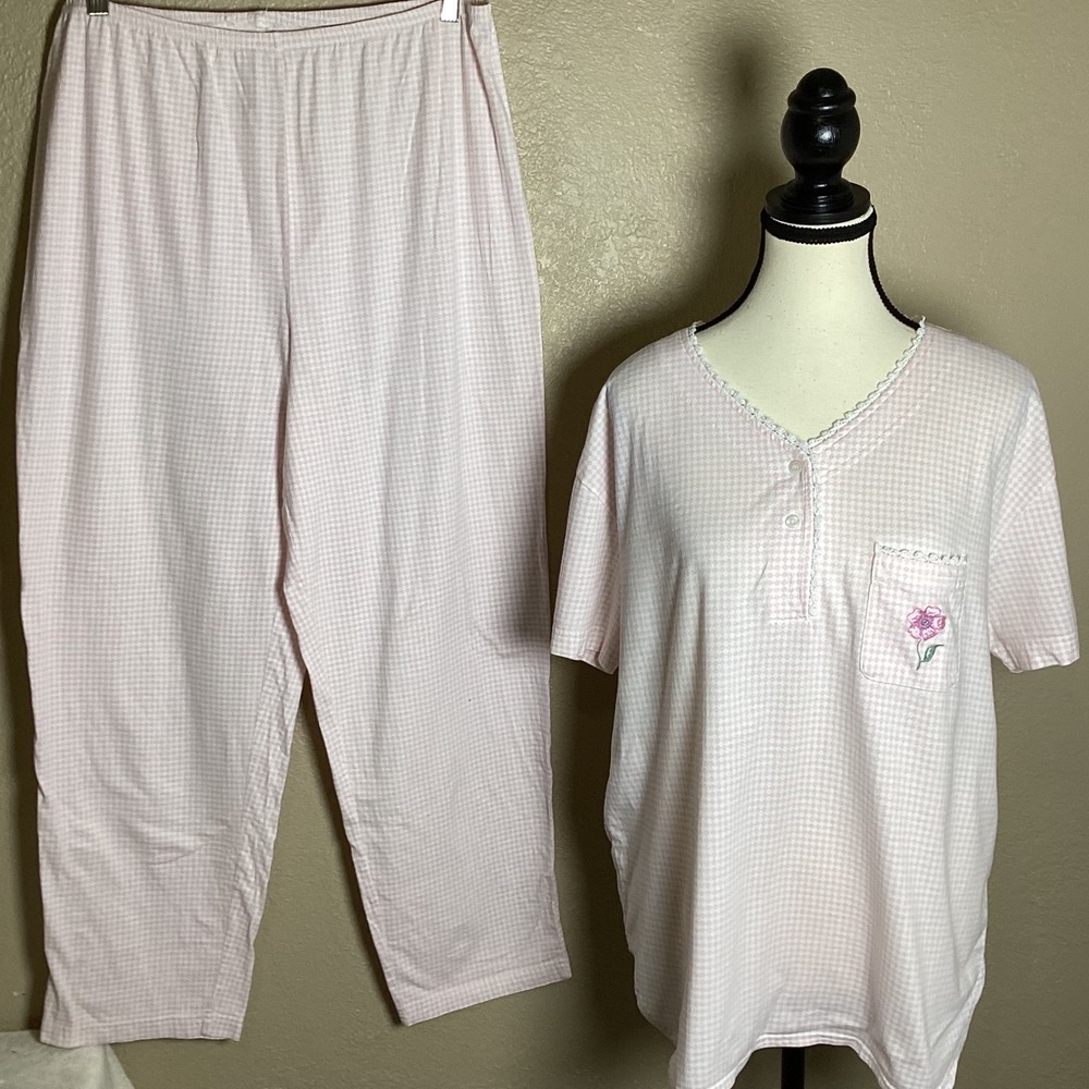 Vintage Amanda Stewart Pink Gingham 100% Cotton Pajama Set Women's Large Flower